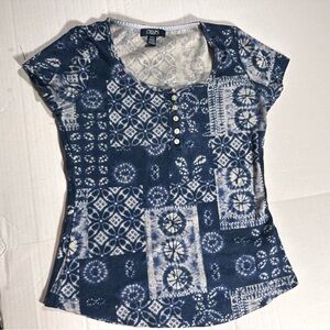 Chaps Ralph Lauren Henley Cap Sleeve Top Sz S Blue Patchwork Batik Boho Print